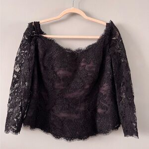 Vintage 1990s Rose Taft Couture Black Floral Lace Off Shoulder Top Swarovski